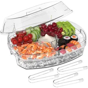 15'' Divided Serving Tray with Lid and 4 Compartments, Clear Fruit Trays for Serving, Ideal Cold Chilled Serving Tray for Party Shrimp Cocktail