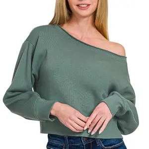 Zenana Scuba Cropped Boat Neck Pullover Sweatshirt for Women - Womenswear, Hoodie Comfortable
