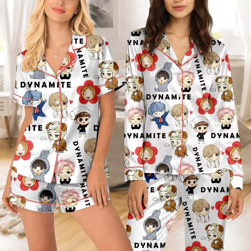 Korean Style Cartoon Pajama Set, Satin Sleepwear, Cute Character Print Lounge Set, Gift for Kpop Lovers