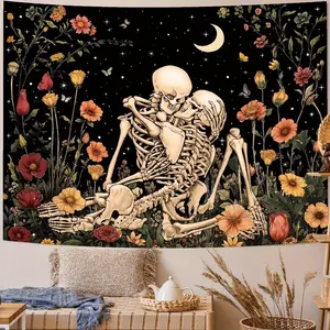 Skeleton flower tapestry, mushroom skeleton Gothic garden bedroom aesthetic tapestry, Starry Sky Pattern