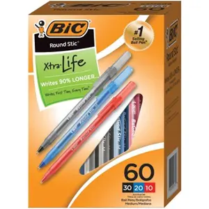 BIC  Round Stic Xtra Precision & Xtra Life Ballpoint Pens, Asoorted Color - Pack of 60