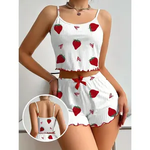 Women'S Fruit Heart Print Spaghetti Strewberry Strap Crop Top with Ruffled Hem Shorts Pajama Set - Red Bow Detail, Casual & Comfy Sleepwear, All-Season Wear, Stylish Intimate Apparel | Cherry Print Top | Ruffled Hem Shorts