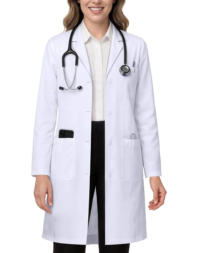 NY Threads Women's White Long-Sleeve Medical Lab Coat - Lady's Basic Minimalist Fabric Workwear, Medical Scrub Jacket, Workwear Scrub Top, Protective Uniforms for Work Pairing with Complementary Pants