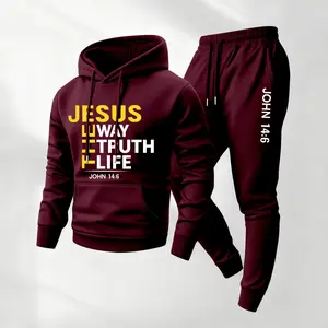 Men's Jesus Letter Printed Hoodie and Drawstring Sweatpants Set, Menswear, Casual Athletic Long Sleeve Hooded Jacket & Trousers for Fall & Winter, Men's Clothing for Daily Wear, Sportswear Indoor Outdoor, Tracksuit, Athleisure Summer Clothes03