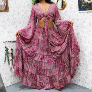 Fairy Skirt Matching Set with Ruffle Sleeve Top for Women, Bohemian Style Skirt Outfit , Womenswear, Flowy Tiered  Skirt Set with Ruffle Sleeve Top, Fairy Skirt Matching Set, Goddess Outfit, Boho Hippie Long Maxi Skirt Retro 90s Whimsy Outfit