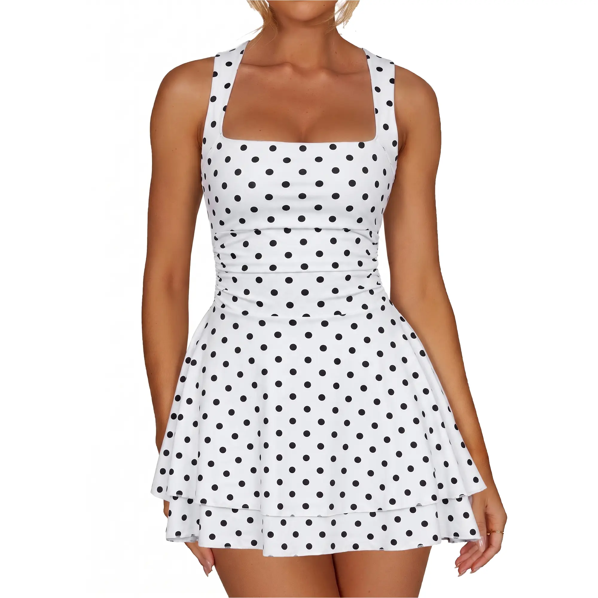 Kaximil Women's Snatched Polka Dots Athletic Mini Dress Square Neck Ruched Basque Waist Ruffle Hem Graduation Dress 2026, Spring Break Outfits, Summer Wedding Guest & Trendy Date Night A-Line Short Dress Casual Basic Sleeveless Womenswear