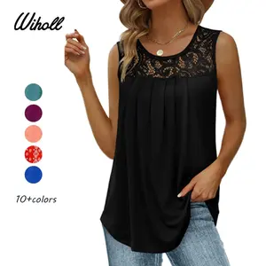 WIHOLL Summer Tank Tops for Women Loose Fit Pleated Tunics Scoop Neck Sleeveless Lace Tops Curved Hem Flowy SpringStatements
