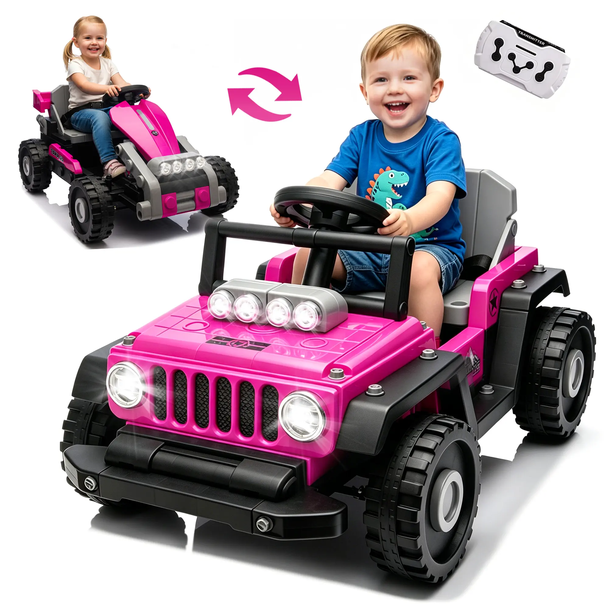 12V Ride On Toy for Kids Two Cars in One,Truck Go Kart with Remote Control LED Lights 4-Wheel Suspension Creative Building Blocks Electric Car for Boy Girl Gift summerwins,summerwins