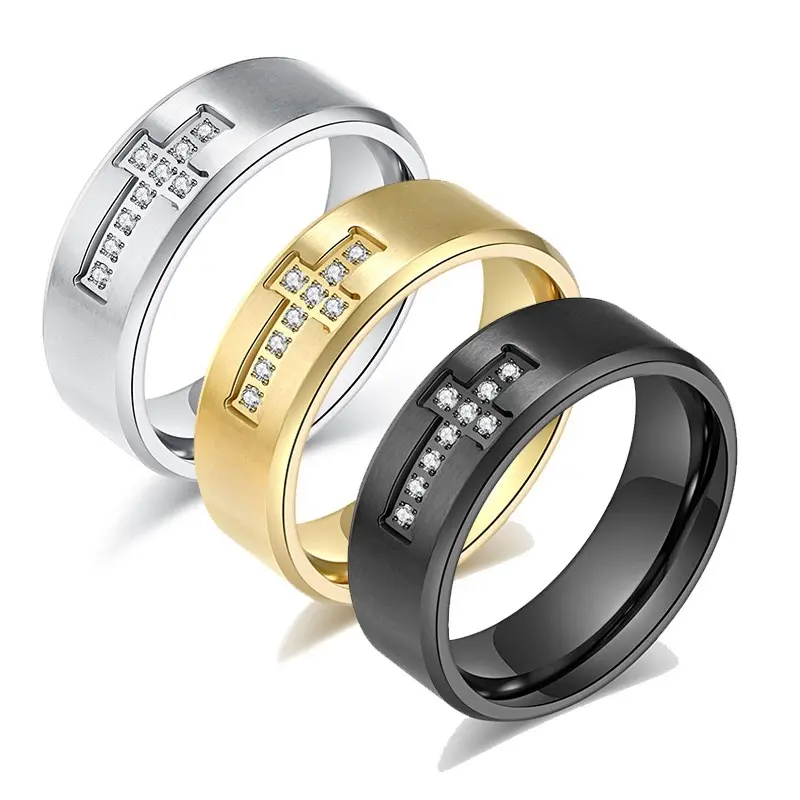 The Diamond Deal 14k SOLID Yellow & Silver & Black Gold Mens Cross Faith Religous Diamond Cross Wedding Band Ring Fathers Day Ring For men