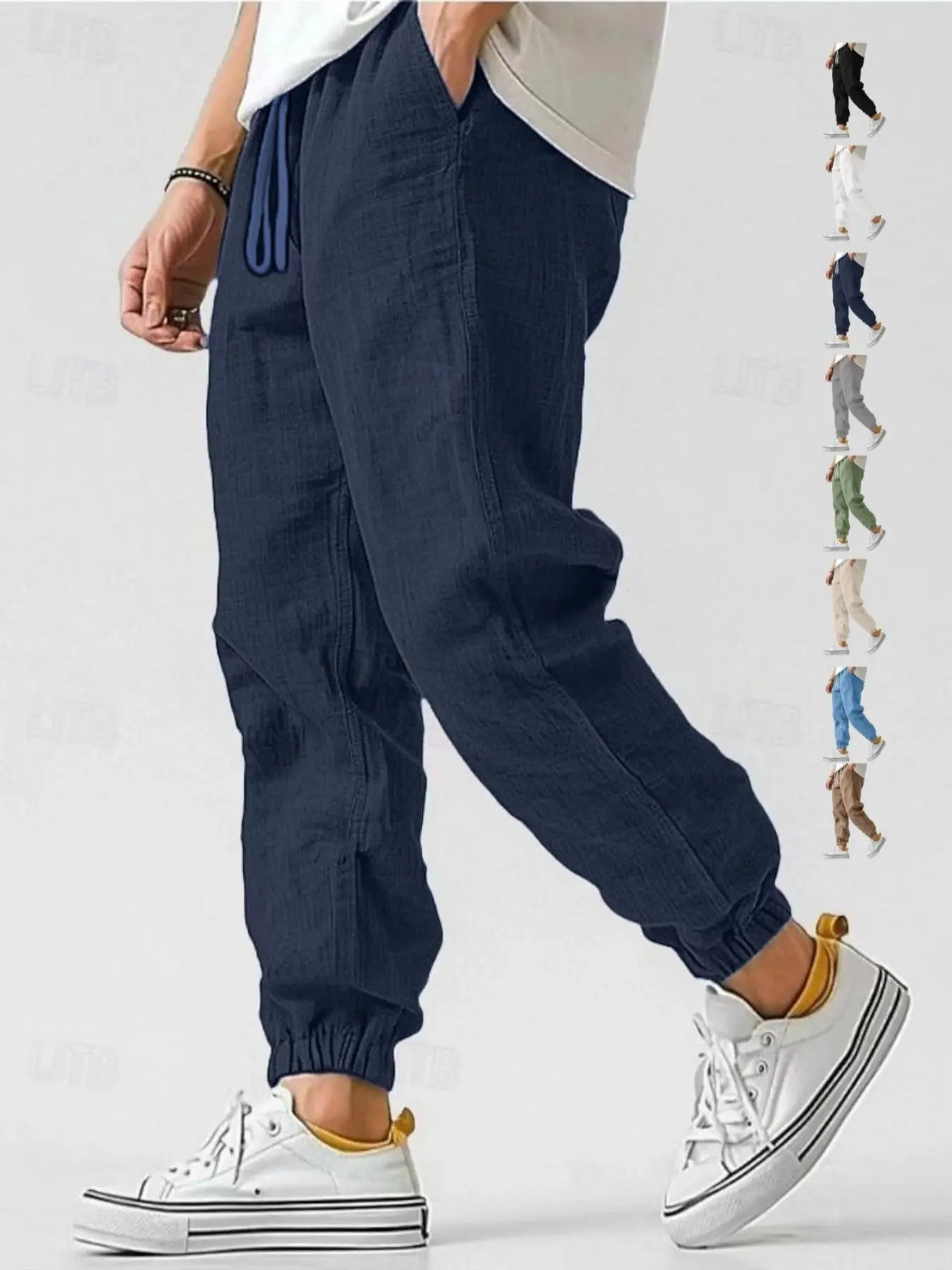 Men's casual linen straight ankle-length Trouser pants with drawstring adjustment, street style, simple long design, suitable for daily commuting and outdoor activities, 8-color linen pants for all seasons, Menswear