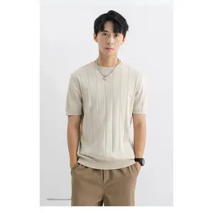 Men's Basic Short-Sleeve Plain Knit T-Shirt - Stretch Ice Silk Polyester-Viscose Fabric, Round Neck Casual Daily Menswear Top, Tshirt