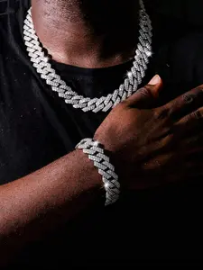 Rhinestone Decorated Cuban Chain Necklace & Bracelet, Elegant Fashionable Jewelry Set for Party, Daily Clothing Decor, Trendy All-match & Exquisite Jewelry for Birthday Gift, Matching Jewelry Set