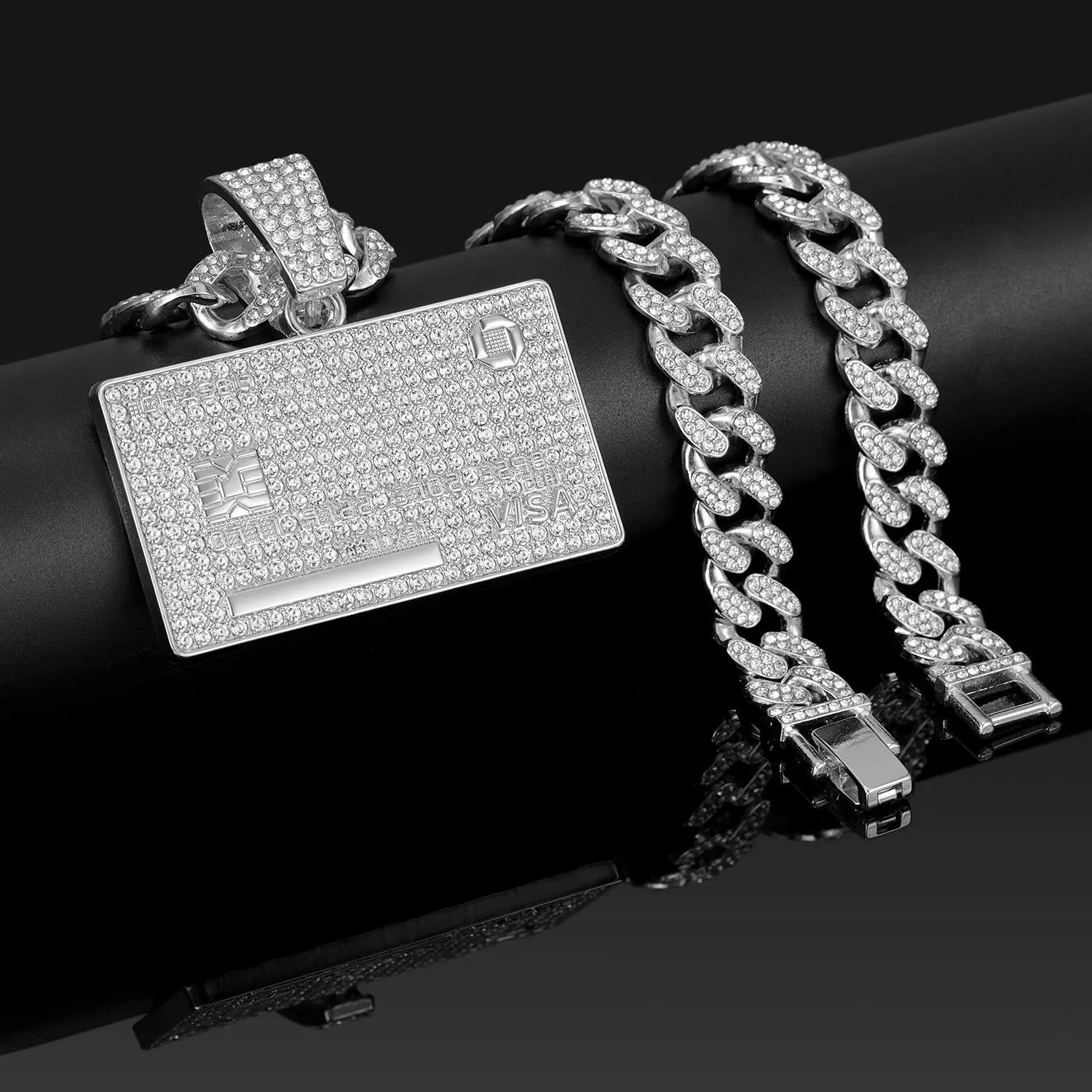 [SHUEN]14K Gold Plated Bank Card Pendant with Austrian Rhinestones Miami Cuban Link Chain Italy & Micro Inspired Unisex Hip Hop Necklace for Men & Women Jewelry,Daily Wear,Casual Fashion,Sporty Style,Gift Idea