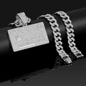 [SHUEN]14K Gold Plated Bank Card Pendant with Austrian Rhinestones Miami Cuban Link Chain Italy & Micro Inspired Unisex Hip Hop Necklace for Men & Women Jewelry,Daily Wear,Casual Fashion,Sporty Style,Gift Idea