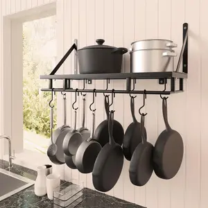 24 Inch Kitchen Pot Pan Rack Wall Mounted Hanging Storage Organizer Wall Shelf With Hooks Matte Black Metal Stainless Steel Containers Hand Installation Utensils Hangable
