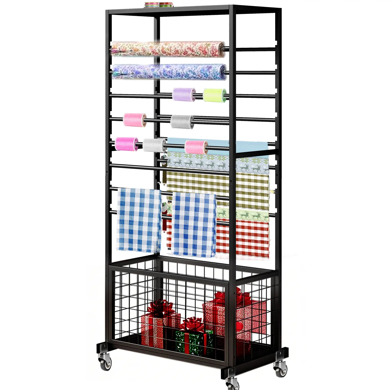 Ribbon Holder Organizer Rack, 16 Tier Ribbon Storage Organizer, Movable Metal Vinyl roll Storage with Storage Basket, Gift Wrapping Organizer Storage for Craft Room Flower Shop