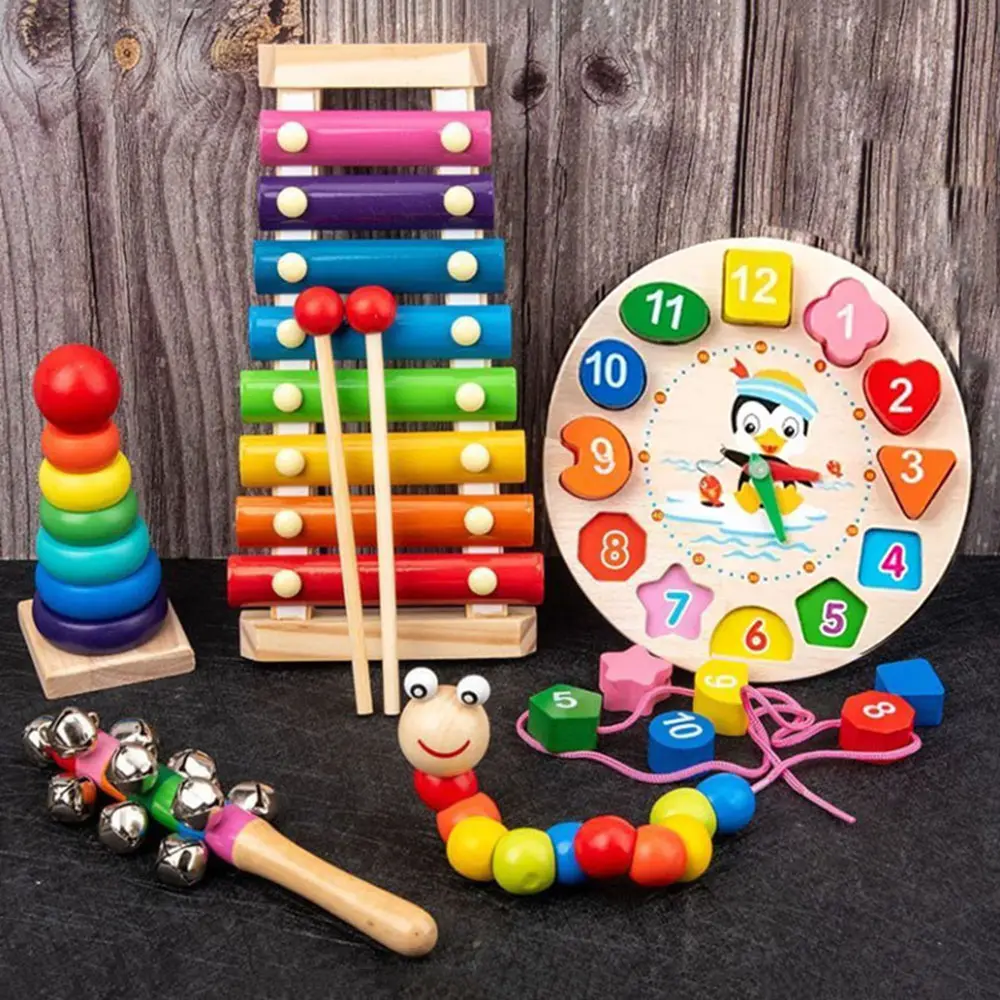 5 set Wooden Montessori Toys,Rattle Bell Beaded Rattle Drum Column Set,Musical Instruments,Early Childhood Education,Toys,Christmas Gift