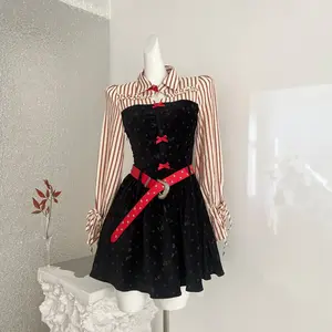 Women's Y2K Hot Girl Dress Polka Dot Shirt Paneled Velvet Bodycon Mini Dress