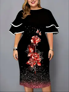 Elegant Chic Plus Size Midi Dress, Multicolor Rose Print, Round Neck, Pleated Sleeves, Back Slit Design, Party Evening Wear Essential
