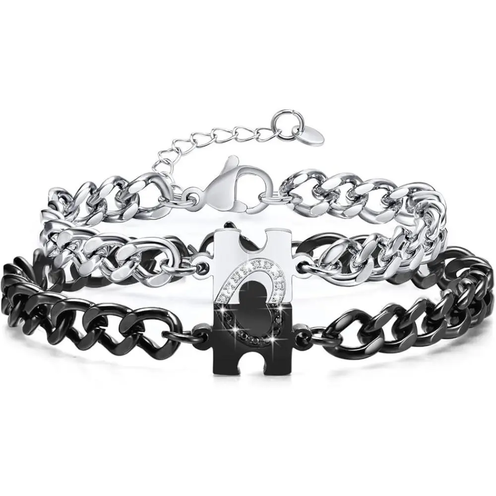 1 Pair Matching Bracelets for Couples : Long Distance Relationship Gifts Puzzle Heart Stainless Steel Bracelets for Women Men His Hers Bracelets Set for Bf gf Husband Wife Friends Anniversary Promise Gift
