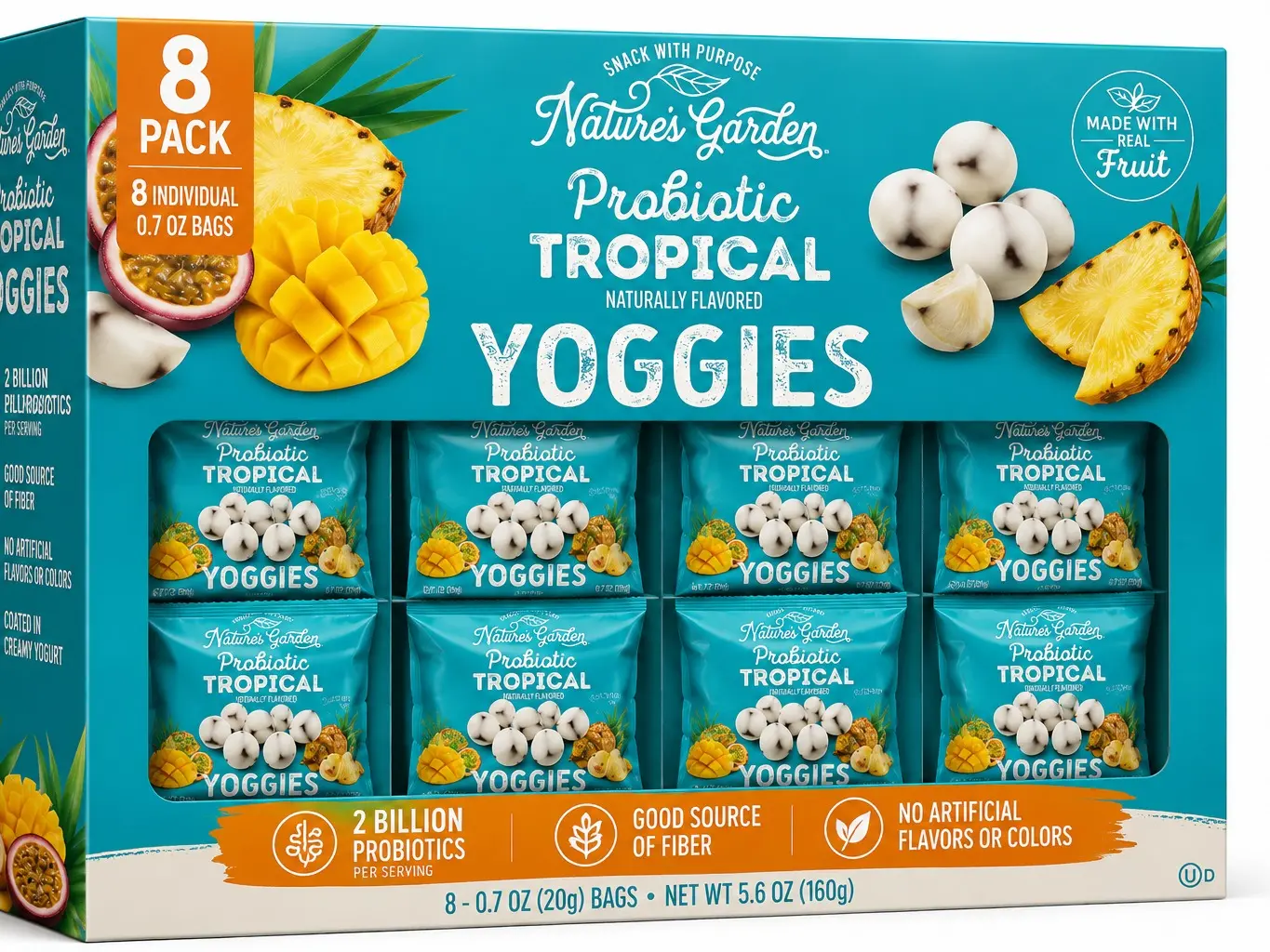 Nature's Garden Probiotic Tropical Yoggies Snack Pack - 8 Individual 0.7 oz Bags, Yogurt-Coated Tropical Fruit Snacks with 2B Probiotics & Fiber