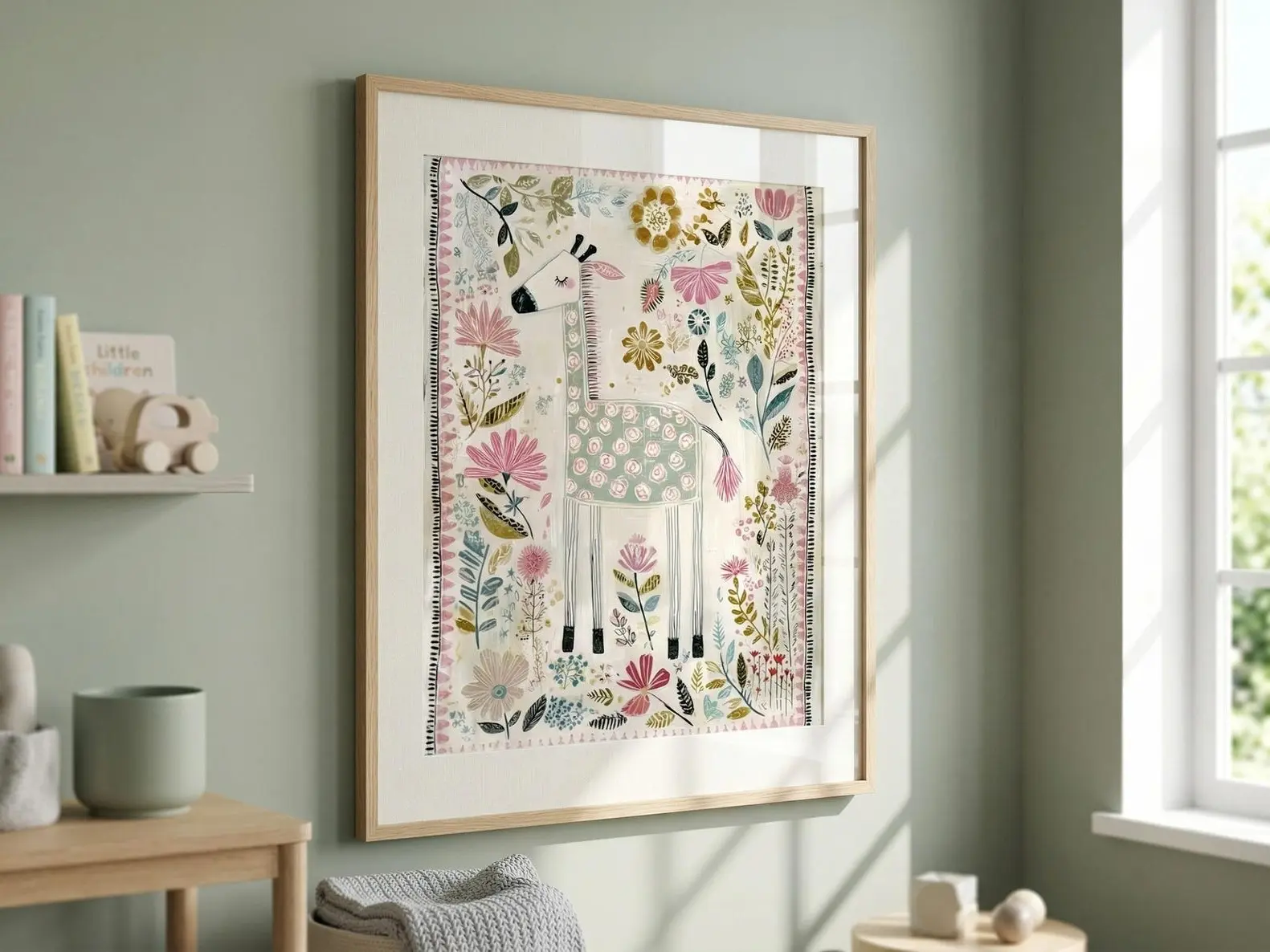 Boho Giraffe Wall Art, Floral Nursery Print, Baby Girl Safari Decor