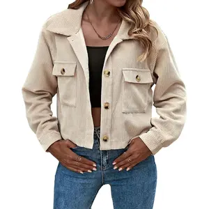 Fashion Cropped Corduroy Plaid Shacket Jacket Button Down Long Sleeve Crop Shirts Jackets Tops