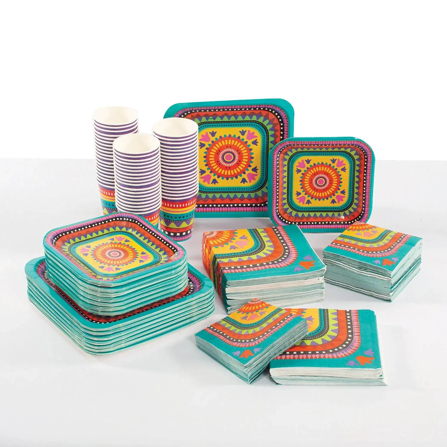 Disposable Party Plates Set, 392-Pc Bright Color Fiesta Tableware Kit for 50 Guests