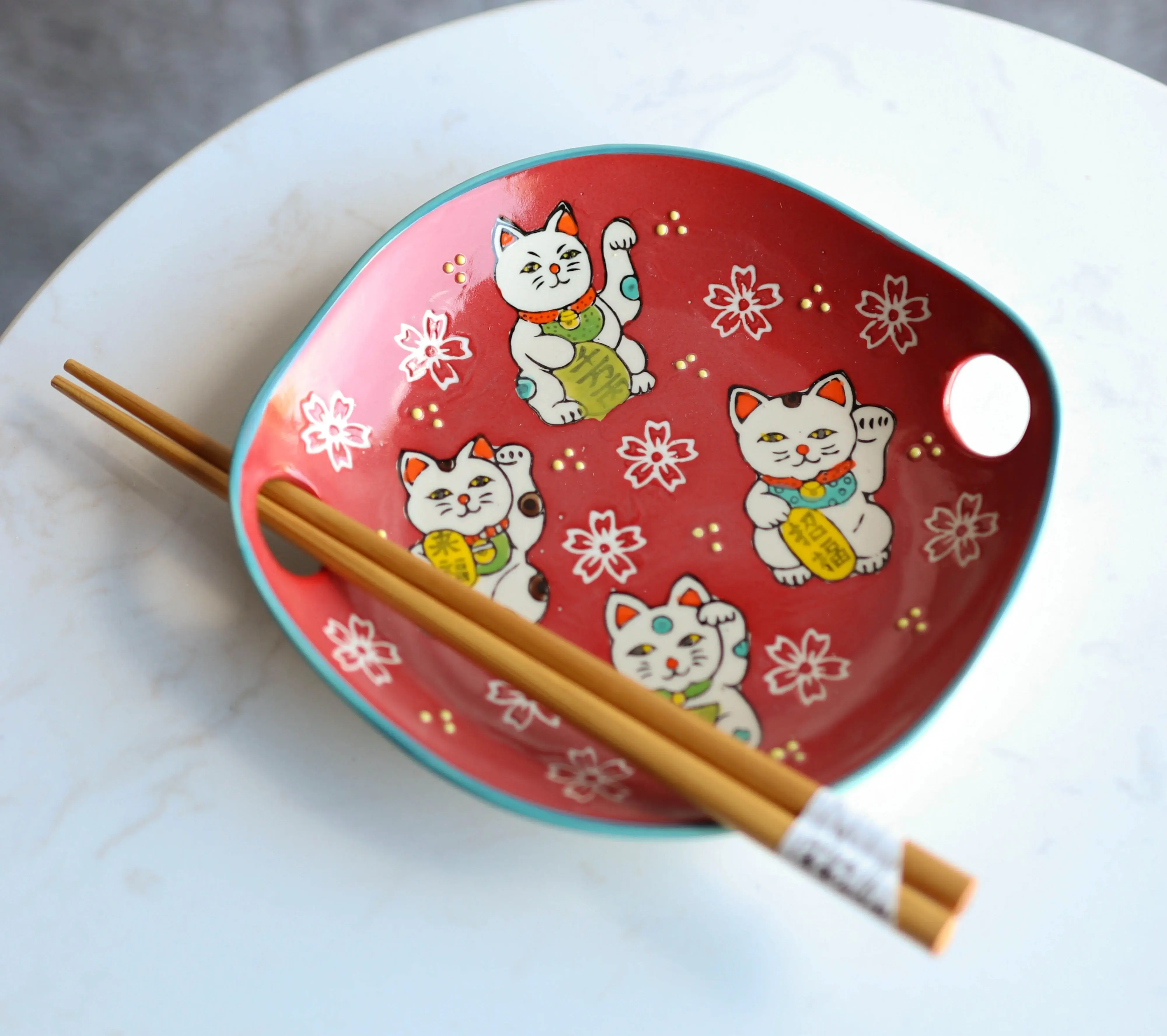 Red Maneki Neko Lucky Cat Pottery Tableware Set - Ceramic Chip-Resistant Appetizer Coupe Plate, Flat Bowl, Bamboo Chopsticks