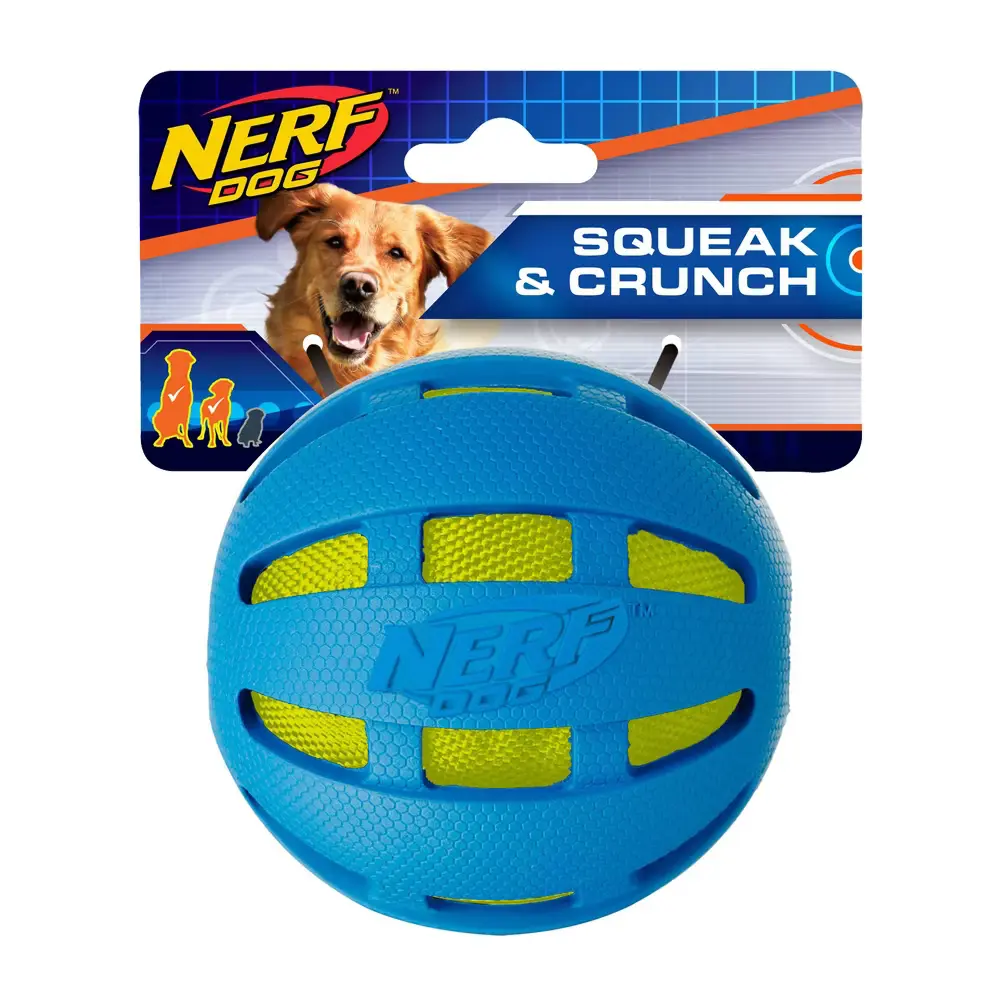 NERF Checker Squeak & Crunch Ball Dog Toy - Blue/Green, Soft Material, Ideal for Active Dogs - Grab Yours Now And Let The Fun Begin! dog ball squeaky ball