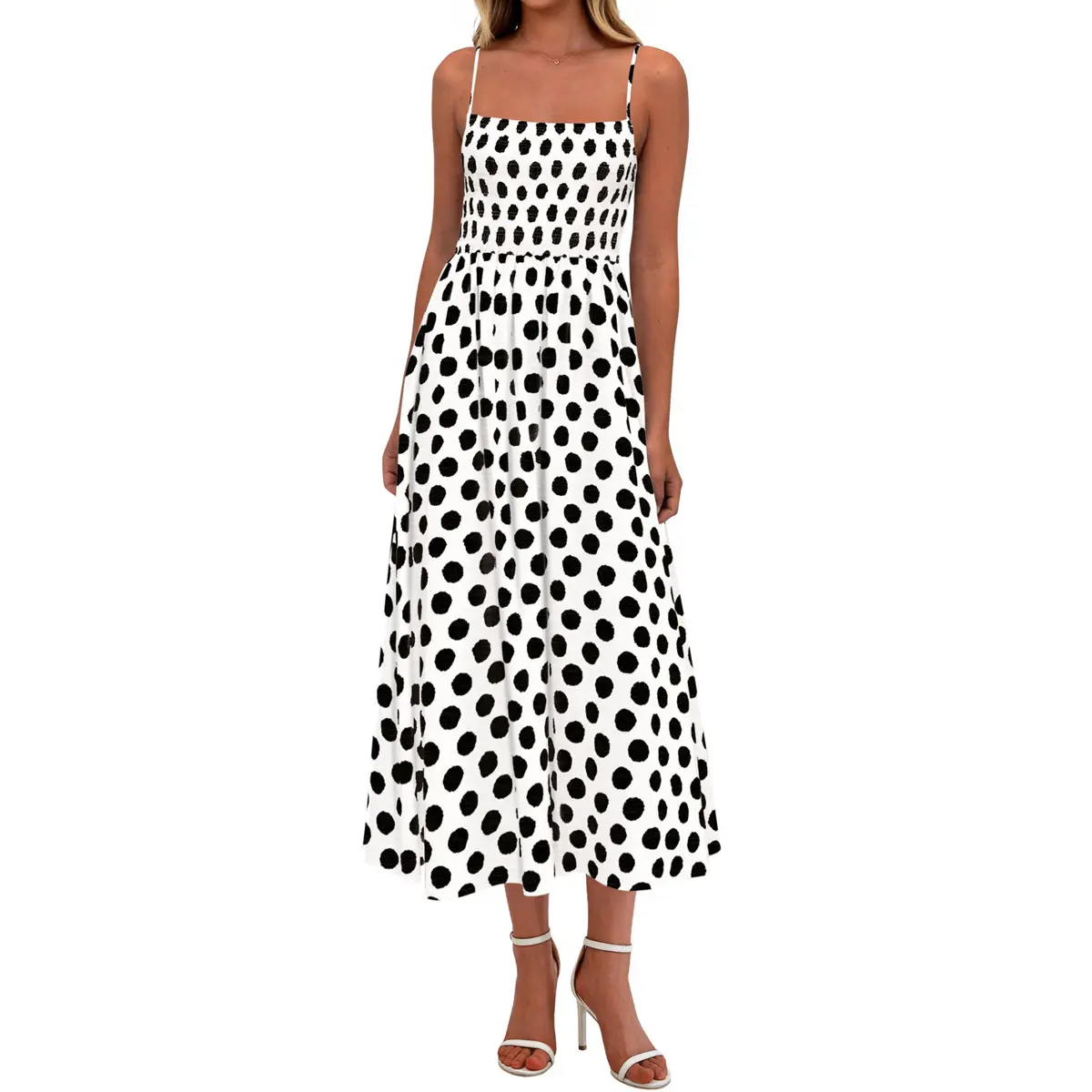 PRETTYGARDEN Womens Polka Dot Dress Summer Sleeveless Spaghetti Straps Smocked Sun Dress Flowy Spring Beach Midi Dresses