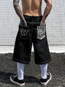 Men's/women's Loose-Fit Wide Leg Denim Shorts, Street Casual Style Summer Woven Fabric, Moderate Thickening, Trendy Embroidered Pockets Design