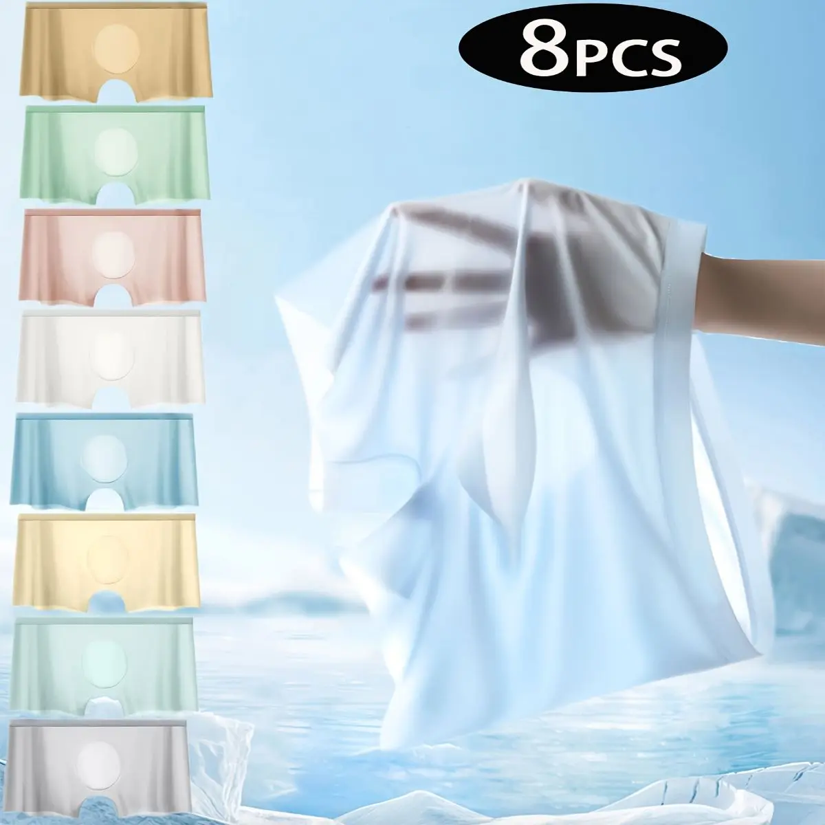 8pcs Men'S Ice Sliky Fiber Fabric Seamless Cooling Summer Ultra-Thin Breathable Boxer Briefs - Solid Color, Medium Stretch, Comfort Fit for Casual Attire, Comfortable Underwear, Sleek Smooth Texture
