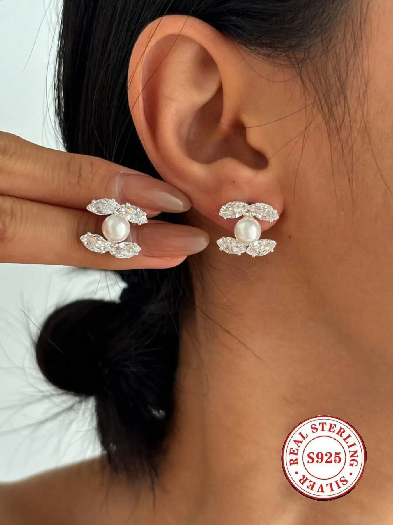 S925 Sterling Silver Pearl Accents & Marquise Cut Cubic Zirconia Stud Earrings, Hypoallergenic, Wedding Earrings — Elegant Bridal Suitable & Daily Wear Jewelry, Perfect Jewelry Gift for Her, Sparkle, Sparkling Ear Jewelry
