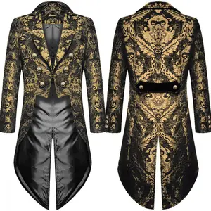 Steampunk Tailcoat Jacket Black Brocade Satin Wedding Coat double button lapel coat