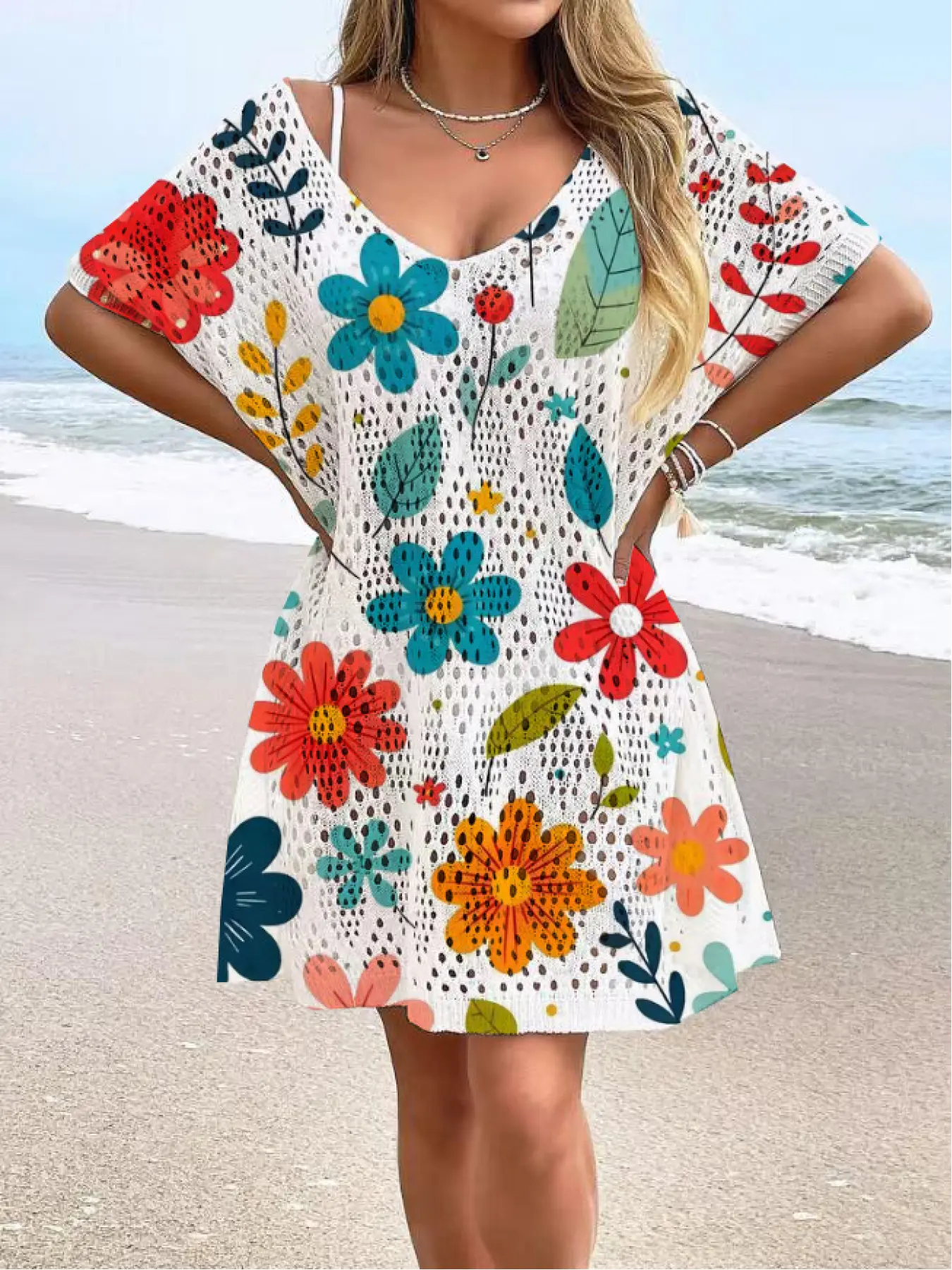 Spring and summer vacation V-neck hollow drop shoulder beach sun protection dress, stylish floral print bikini cover-up for holidays, Beach Cover Ups, Beachwear Cover Up, Swimwear Cover Up, Swimwear Coverups, Swimsuit Coverups