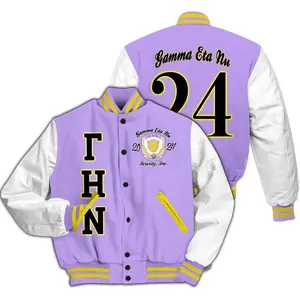 Gamma Eta Nu Custom Varsity Jacket, Lavender Purple White Letterman, Personalized Sisterhood Greek Life Apparel, Unique Sorority Member Outfit