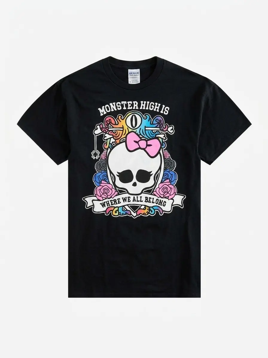Monster High Is Where We All Belong Rainbow Crest T-Shirt, Skull Graphic Tee Gothic Pastel Bow Cute T-Shirt,Men's Monster High "Where We All Belong" Rainbow Crest Graphic T-Shirt - Skull Print, Gothic Pastel Bow Design