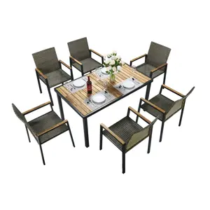 All Weather 7-Piece Patio Dining Table Sets, Patio Conversation Set Acacia Wood Table Top with Umbrella Hole, Rattan Outdoor, Brown Gray Color    RR
