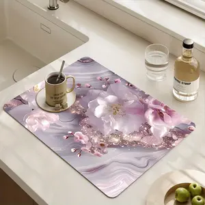 Large Kitchen Dish Drying Mat 1PC, Spring Floral Pattern, Water Absorbent High Absorption Fast Drying Countertop Mat, Heat Resistant Easy Cleaning Non-Slip Coffee Machine Pad Faucet Mat, Kitchen Decorative Placemat for Home Kitchen Restaurant