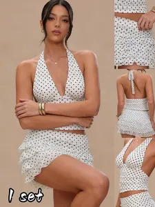 Women's Two-Piece Set, Polka Dot Print Halter Top and Ruffled Short Skirt, Sexy Slim-Fit for Daily Wear, Parties, Gatherings, Chic