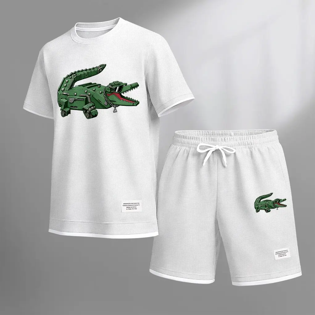 Men's Mechanical Crocodile Print Waffle Fabric Short Sleeve Shirt and Shorts Set, Casual Two-Piece Summer Outfit, Lightweight Sportswear for Daily Wear and Outdoor Activities