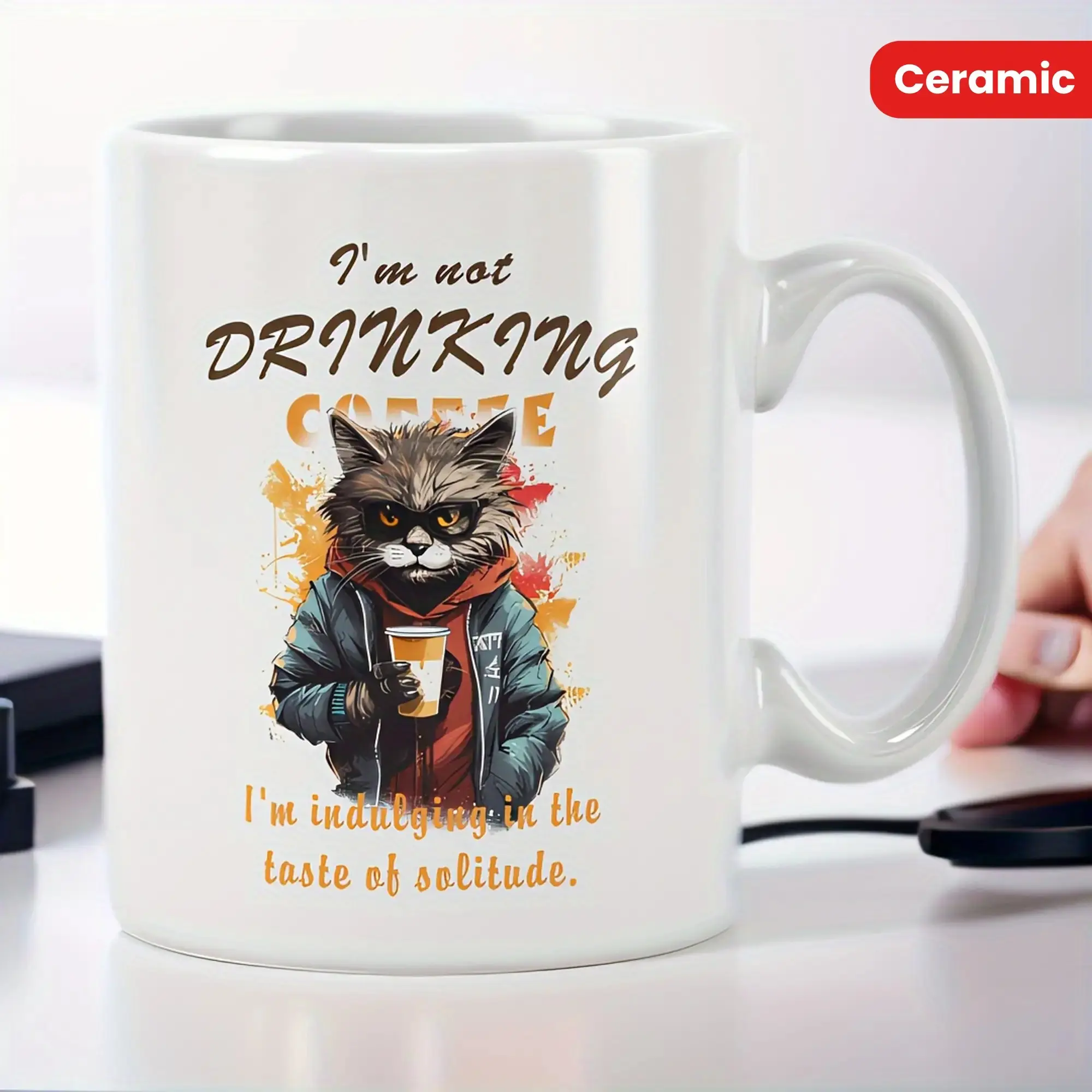 1pc WhimsyCat ceramic mug, 11 ounces, fun solitary cuddle cat design, novelty coffee and tea cups, perfect for office and home use. Drinkware Porcelain