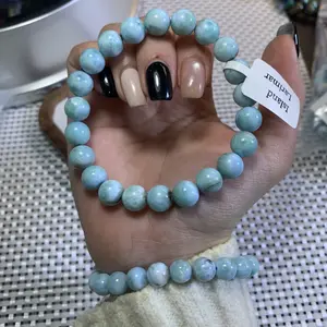 【Island larimar】Larimar Jewelry Bracelets for Women Men Anniversary Birthday Gift Water Pattern Blue Crystal Stone Gemstone Round Beads Bracelet
