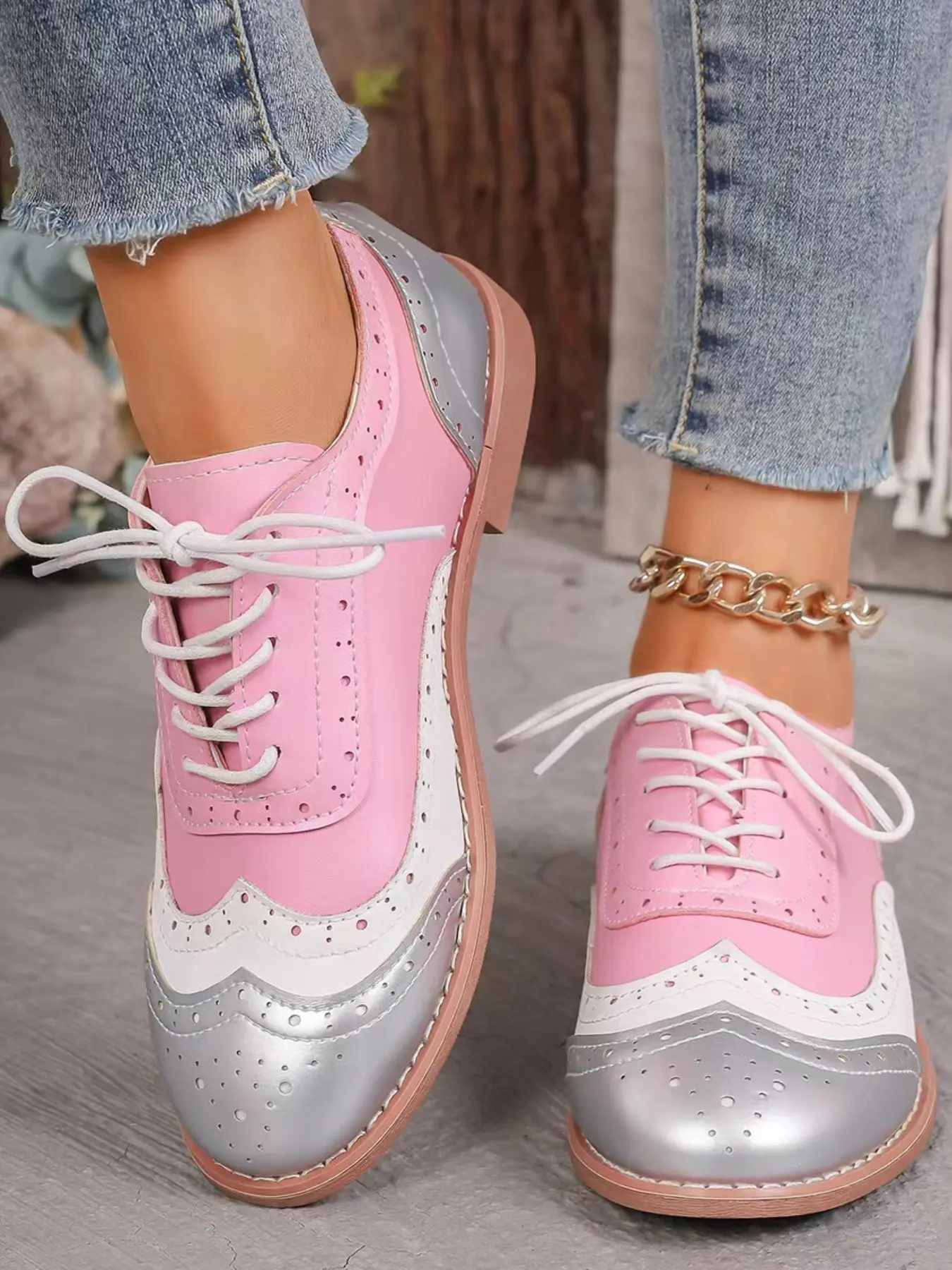 Women's Fashion Casual Oxford Shoes, Silver Colorblock Design, Lace, Handcrafted Floral Carving, Vintage & Trendy Slip-On Sneakers, Rubber, Soled Shoes