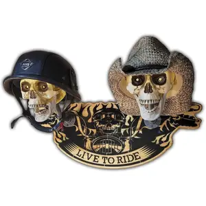 Biker Double Skull Motorcycle Helmet Rack Wall Mount with 'Live to Ride' Biker Plaque, Custom Made Quality for Helmets and Hats, 28x11 Inches - Organiser, Gift