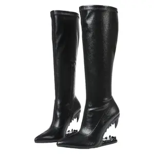 Women's Goth Pointed Toe Knee-High Boots, Metallic Teeth Wedge Heels, Side Zipper for Gothic Punk Party Look - Women Fashion Footwear