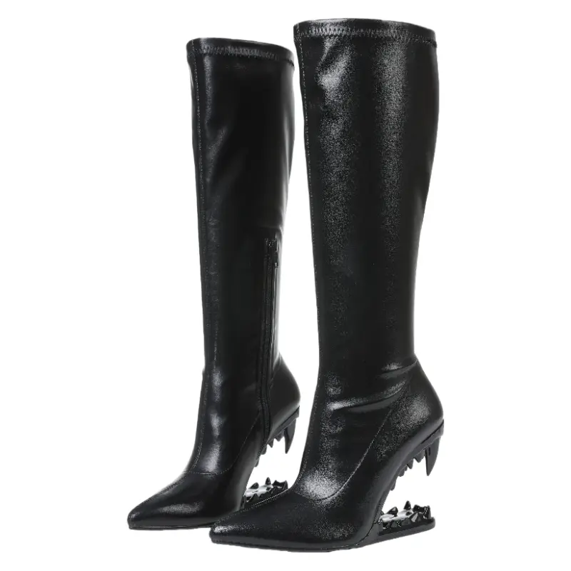 Women's Black Knee-High Boots, Gothic Punk Footwear with a Pointy Toe, Metallic Teeth Wedge Heel & Side Zipper - Alternative Style for Parties, Black Wedge Bootie, Pointy Toe Boot, Party, Statement Shoes, Plain