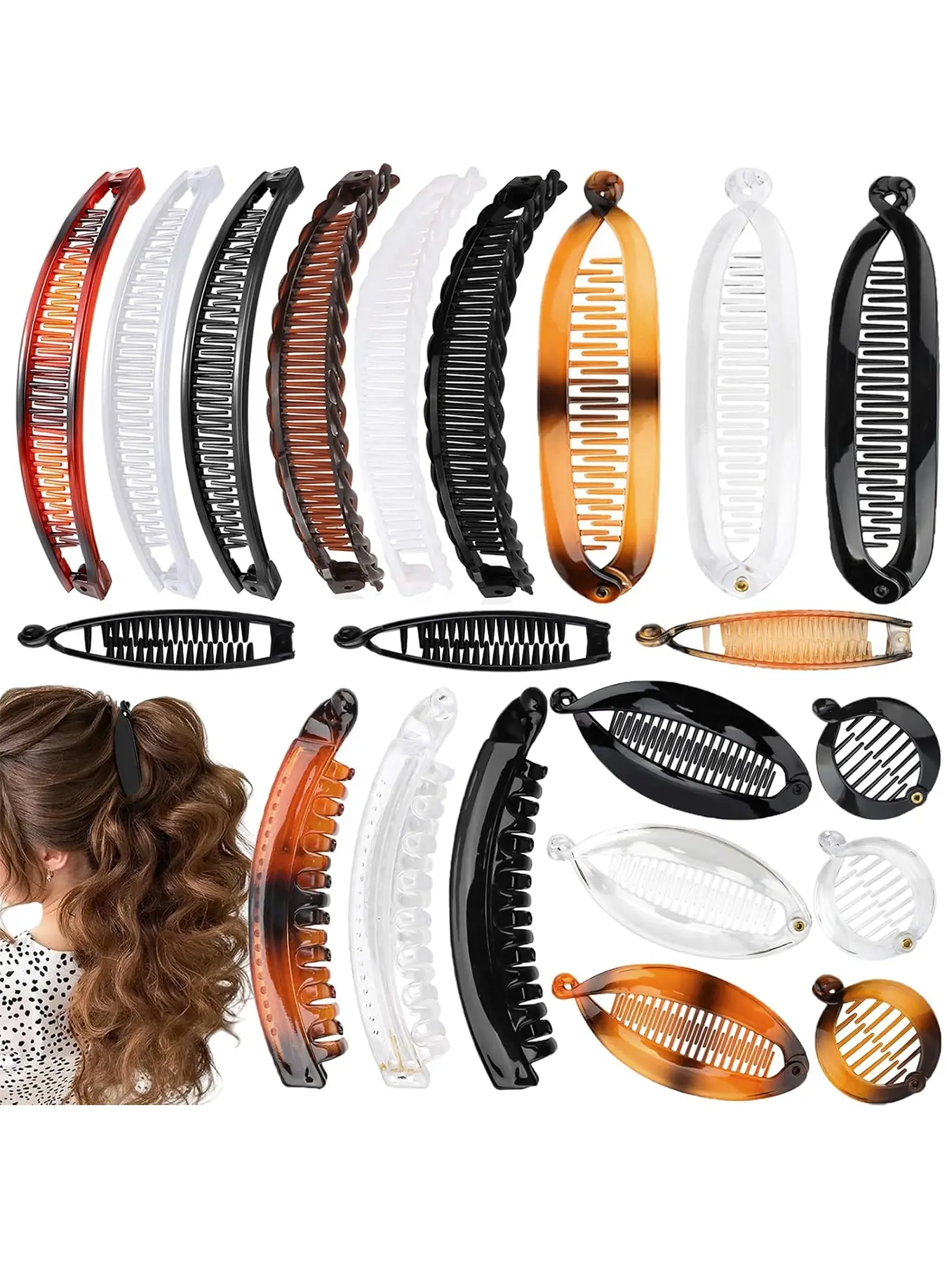 21pcs Banana Clip Hair Clips Barrettes, Hapdoo Banana Clips for Women Girls Volumizing Ponytail Hair Claw Clip Hair Style Accessory, Hair Volume Clip, 7 Styles, Hair Claws Set