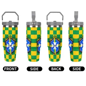 1pc 30oz stainless steel insulated cup, Tumbler, with the Brazilian CBF team emblem in a yellow and green checkered design, large-capacity water cup for car use, outdoor camping coffee cup, travel cup for fans